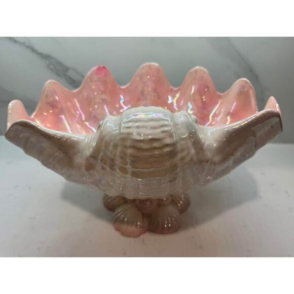 Clam Conch Seashell Vintage Pink Glaze Planter Centerpiece Bowl Birdbath - Picture 3 of 8